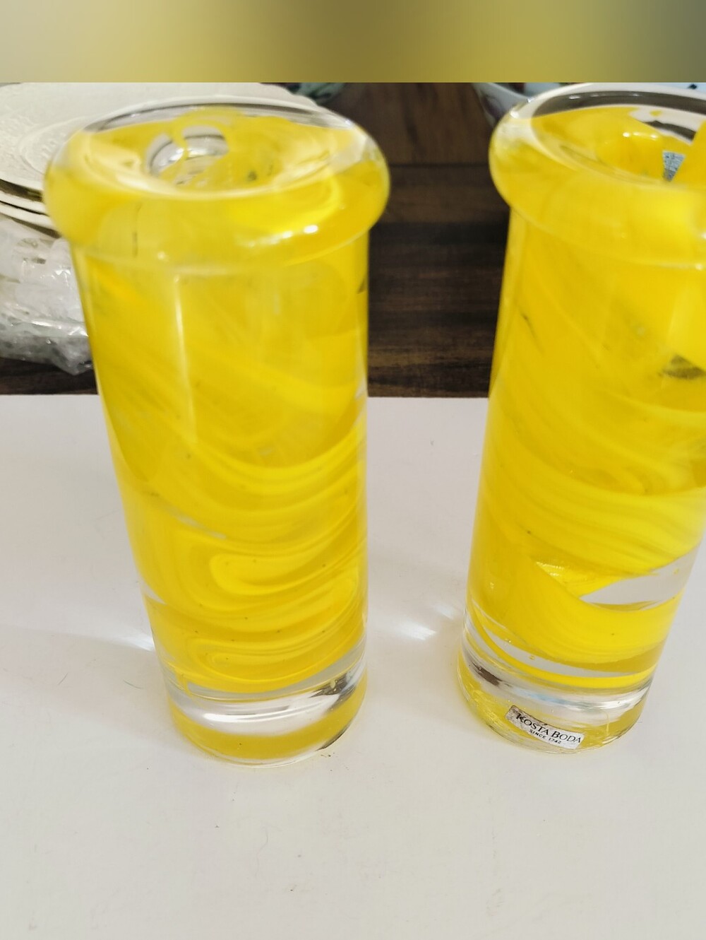 Vintage Kosta Boda Swirl Glass Candlestick Holders Yellow Clear Art Glass Pair